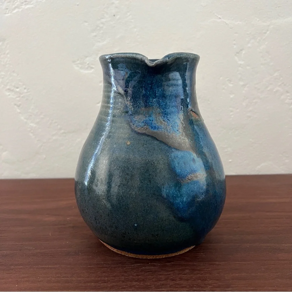 Mid century signed Wabi sabi studio pottery blue green stoneware pitcher vase